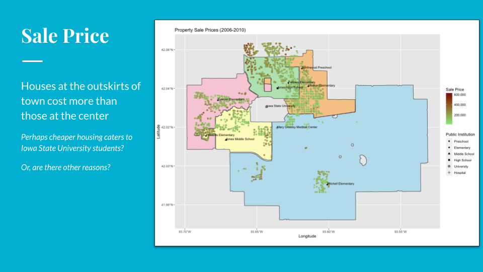 Map of properties colored by sale price on a scale where darker green indicates higher prices. Properties are overlaid on the previous image of public school districts