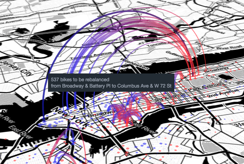 Top stations visualization — bikes rebalanced from blue to red stations along the arcs